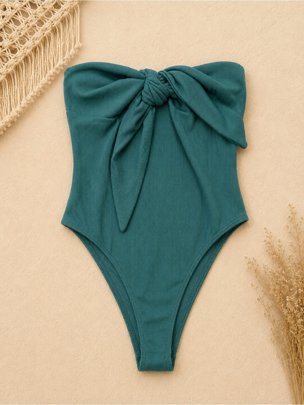 SHEIN Teal Bow-Front Ribbed Strapless Bodysuit